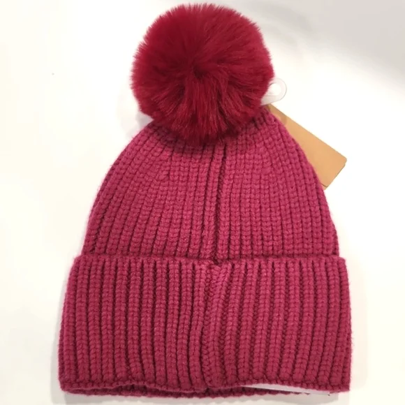 NWT Steve Madden Raspberry Knit Faux Fur Pom-Pom Beanie Hat One Size - Picture 4 of 6